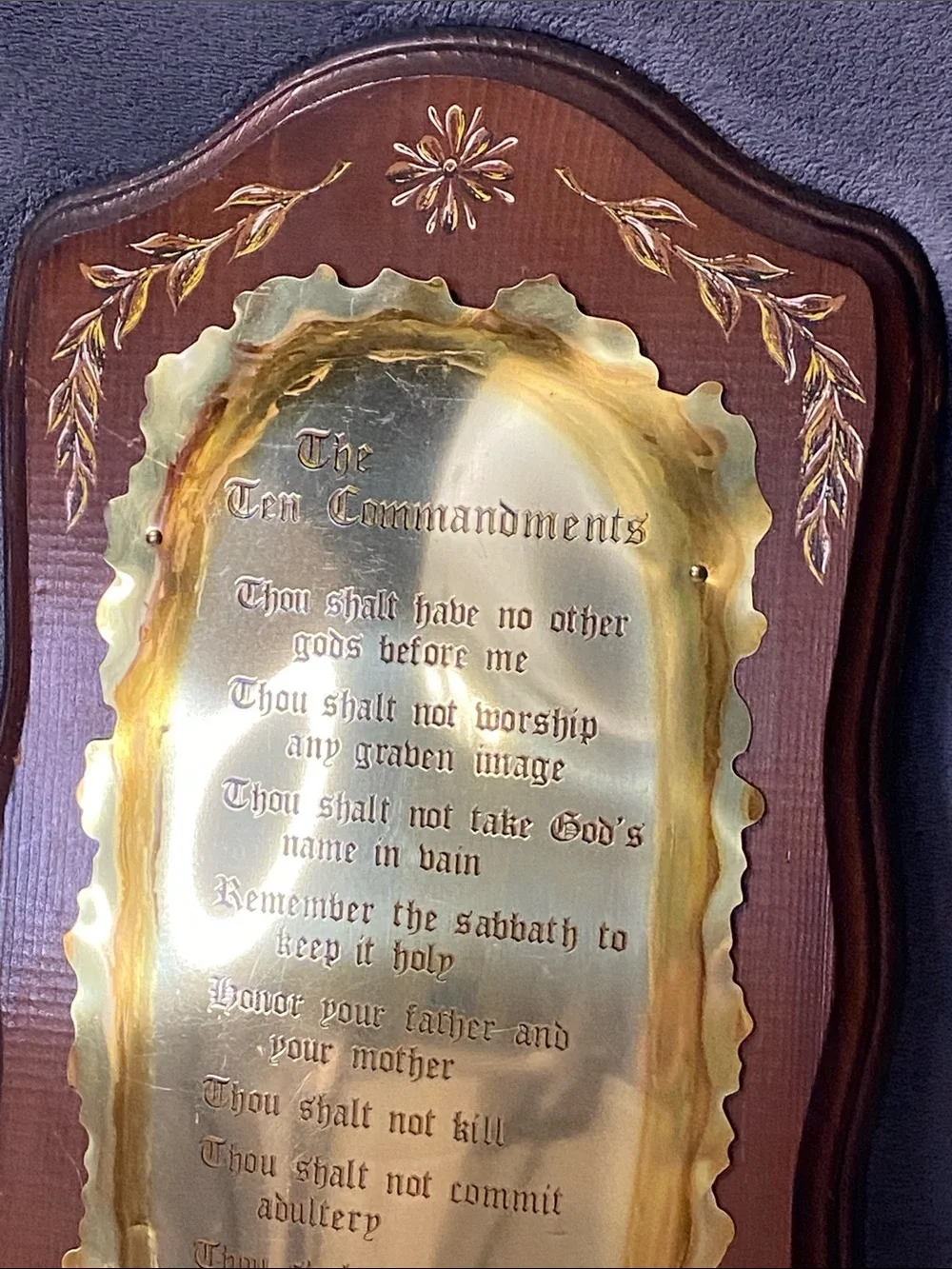 Vintage Home Interiors Ten Commandments Wood and Brass Wall Plaque